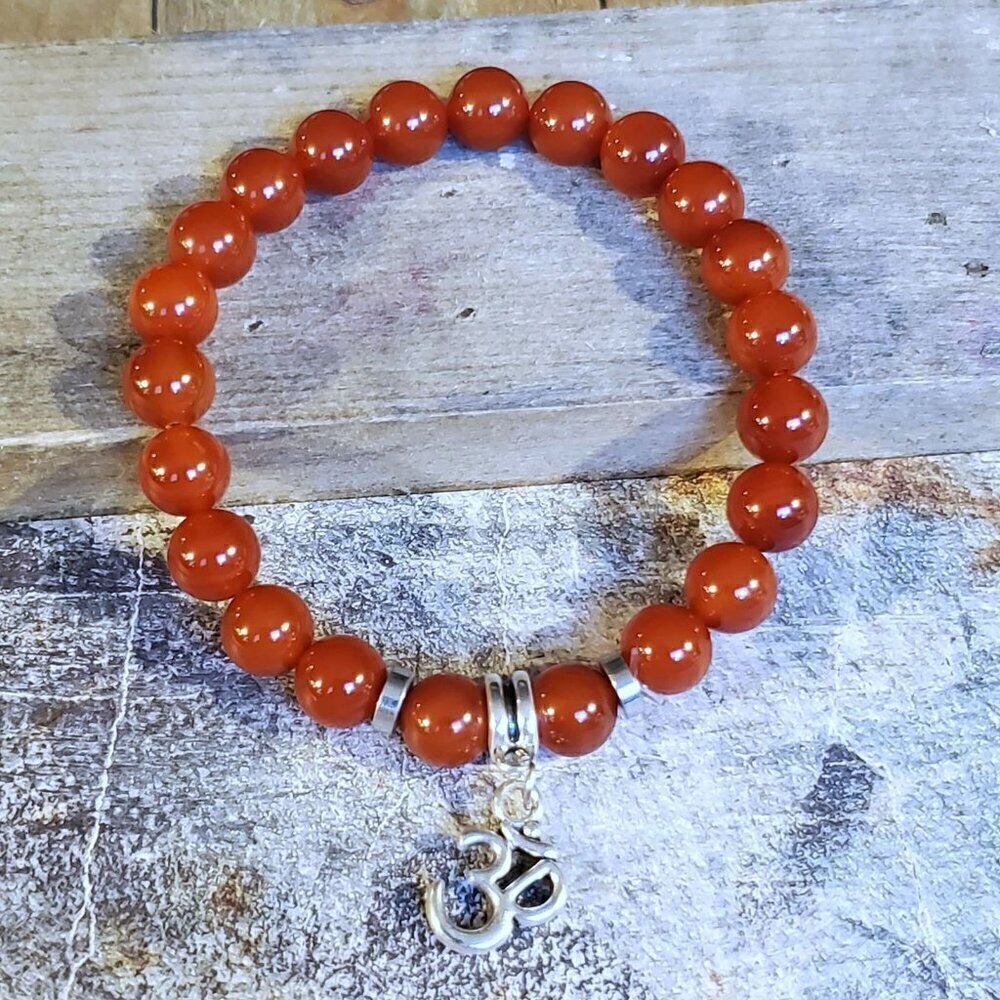 Om Aum Zen Mantra Mindfulness Red Carnelian Gemstone Stretch Bracelet